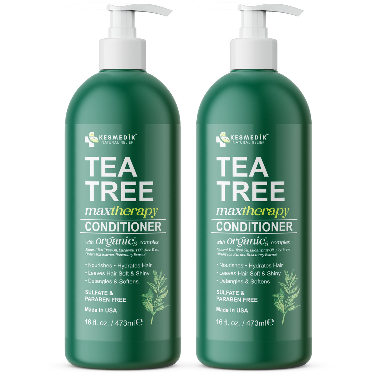 Two 16 fl oz pump bottles of Kesmedik MaxTherapy tea tree conditioner