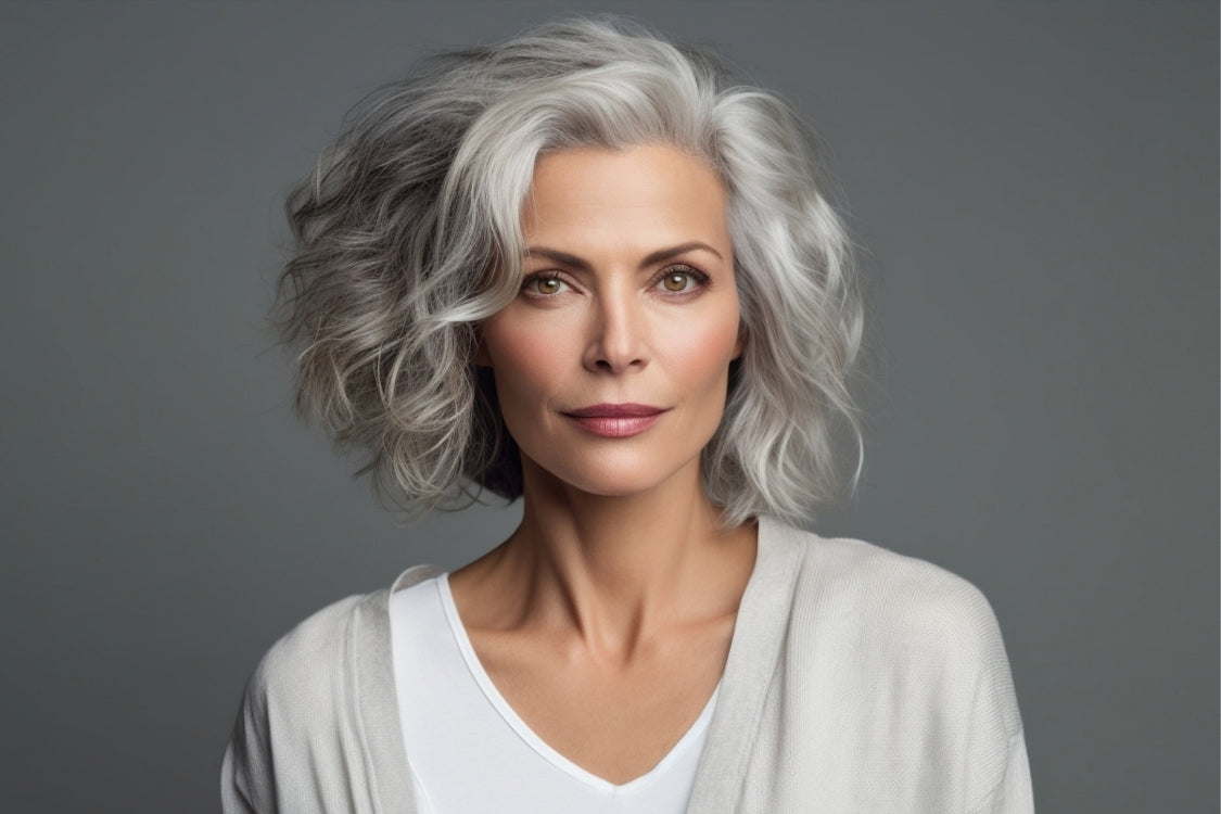 Woman with a short, wavy silver hairstyle.