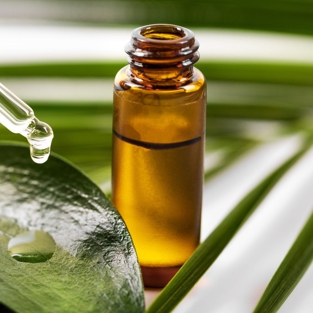 Tea Tree Oil bottle, botanical leaves and a glass dropper