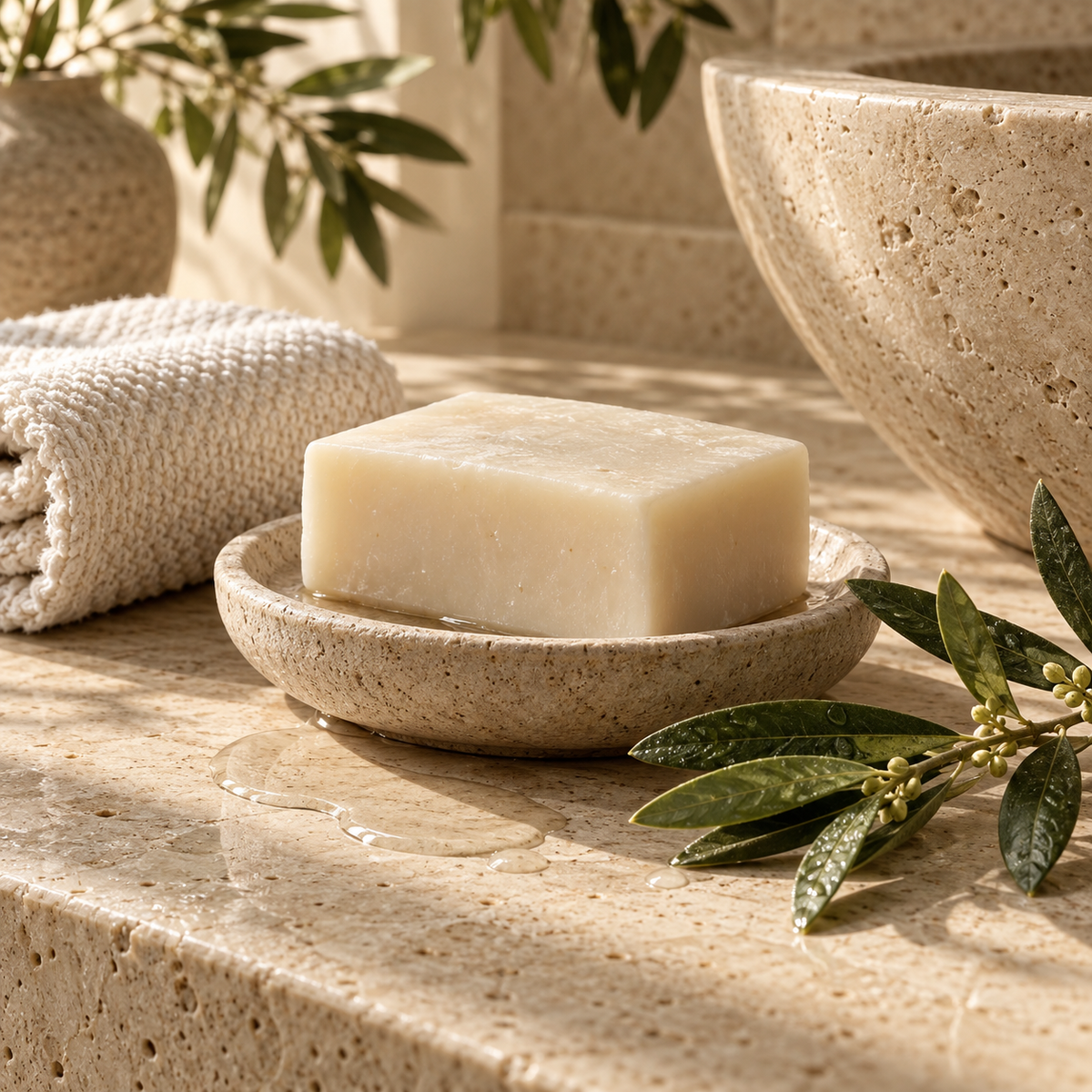 Ivory soap, cotton towel and botanical leaves on warm travertine.