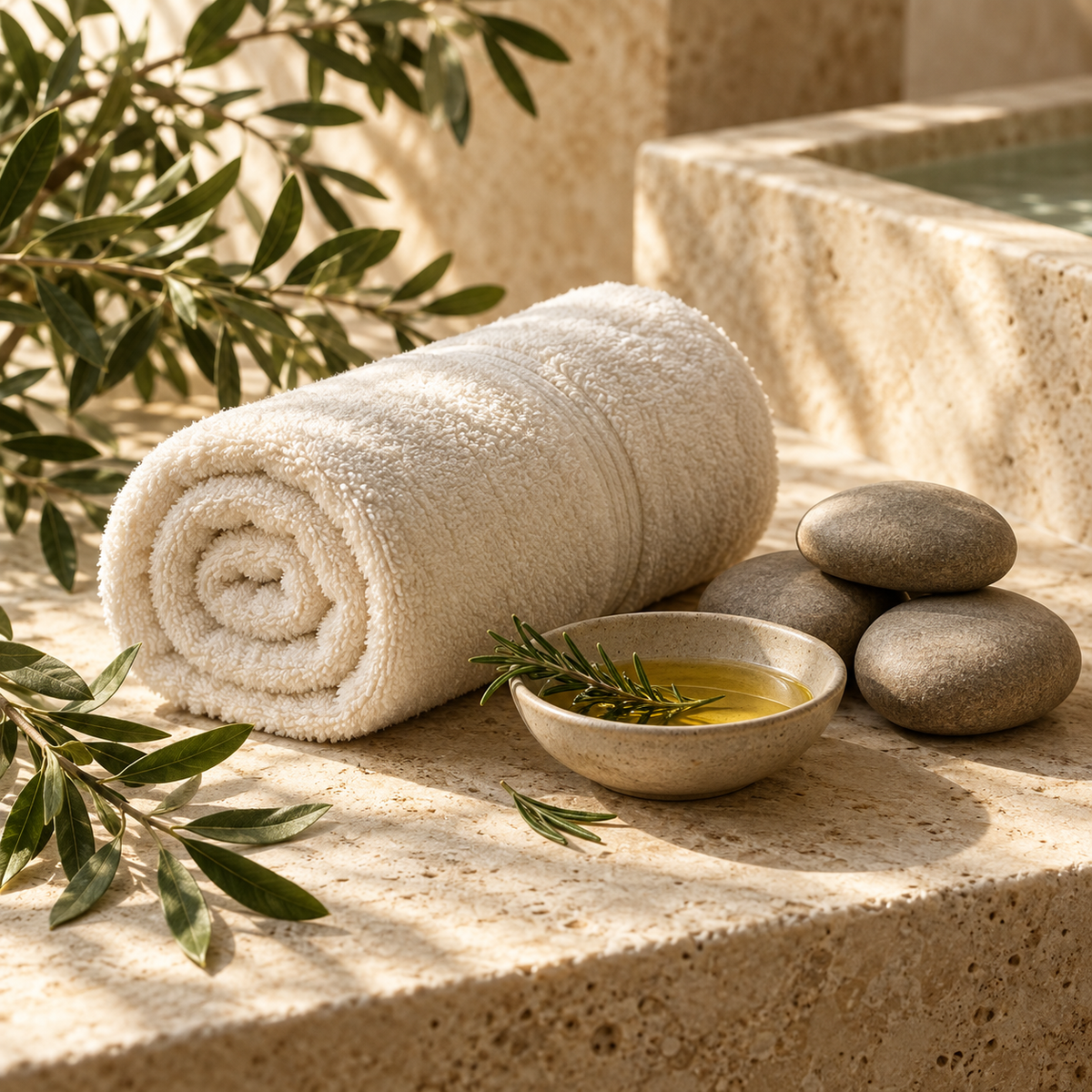 Ivory towel, massage stones and botanical oil on warm travertine.