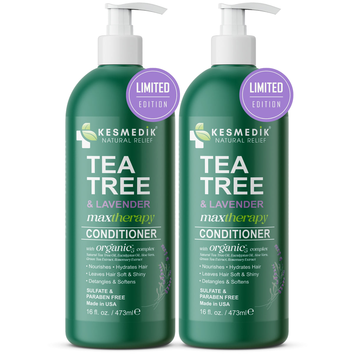 Two 16 fl oz bottles of Kesmedik tea tree and lavender conditioner