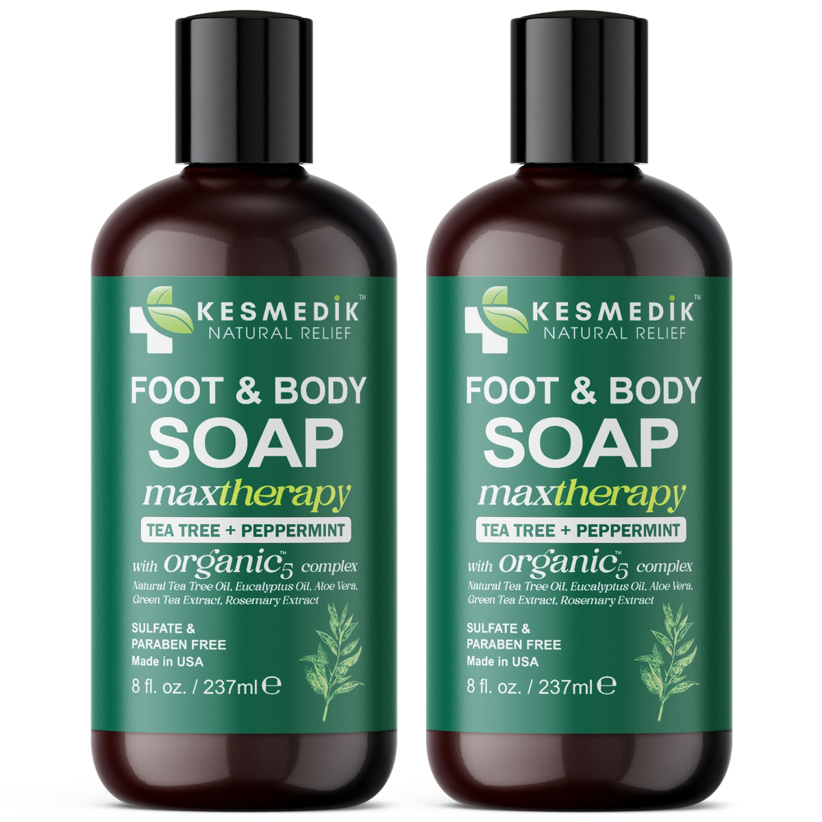 Two 8 fl oz bottles of Kesmedik tea tree and peppermint foot and body soap.