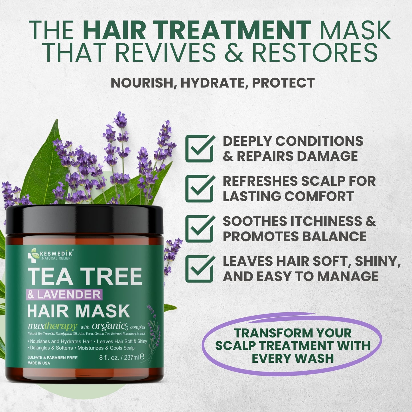 Tea Tree & Lavender Hair Mask & Scalp Treatment – Deep Conditioner for Dry, Damaged Hair, 8 oz