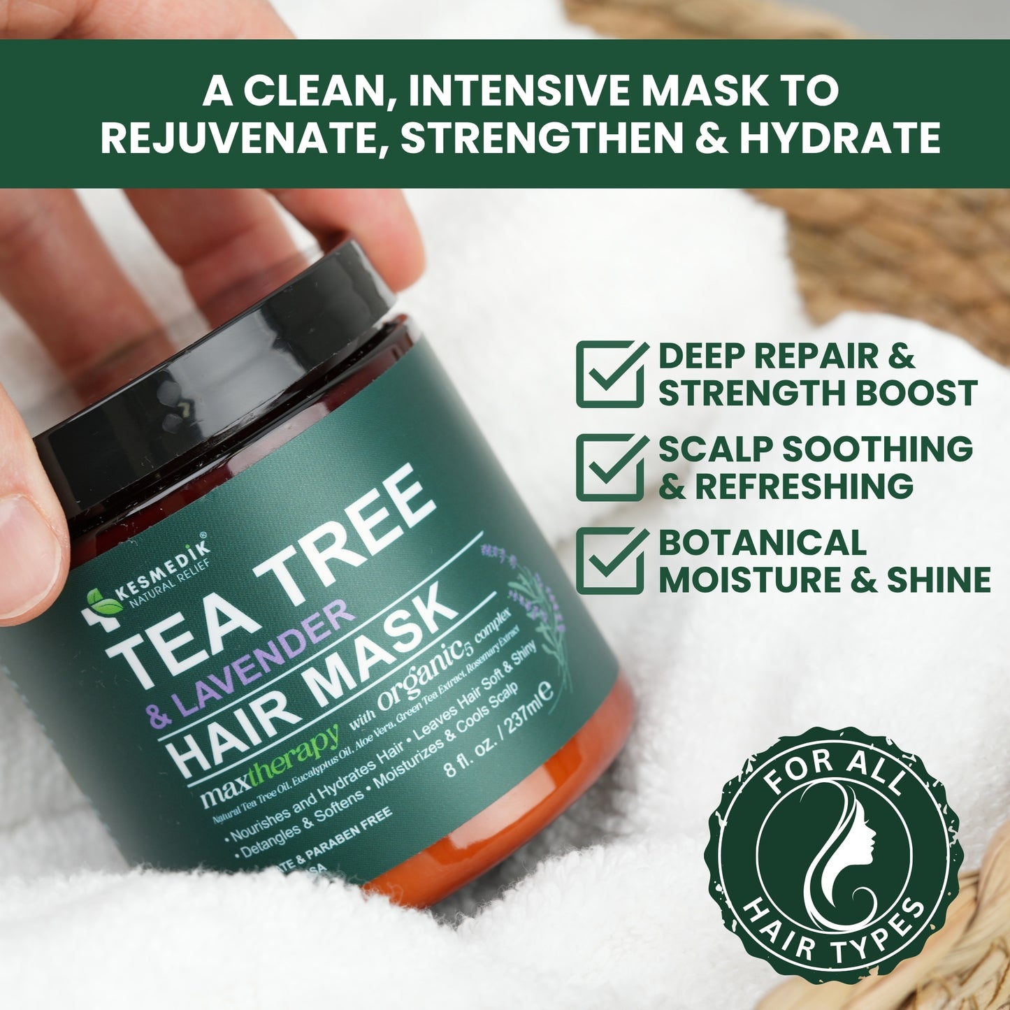 Tea Tree & Lavender Hair Mask & Scalp Treatment – Deep Conditioner for Dry, Damaged Hair, 8 oz