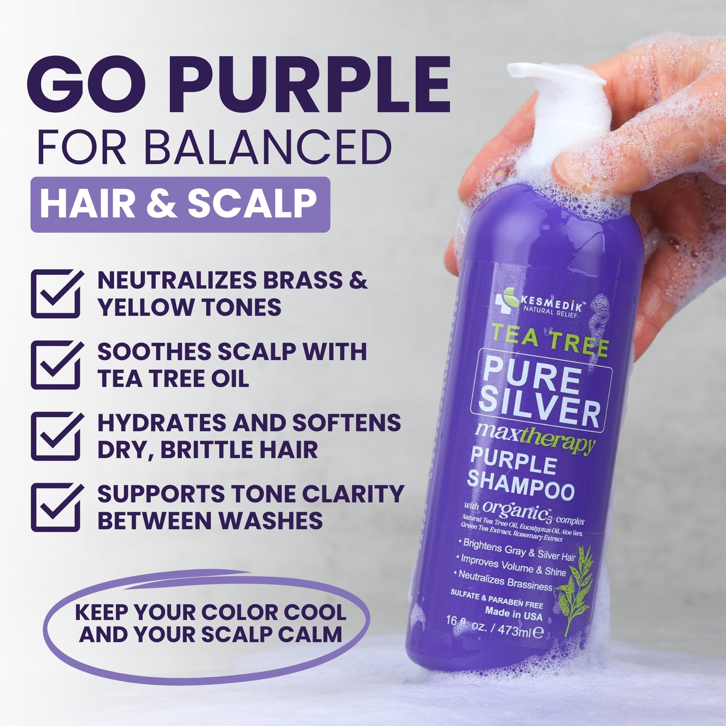 Tea Tree Purple Shampoo – Anti-Brass Toner for Color-Treated Hair, 16 oz