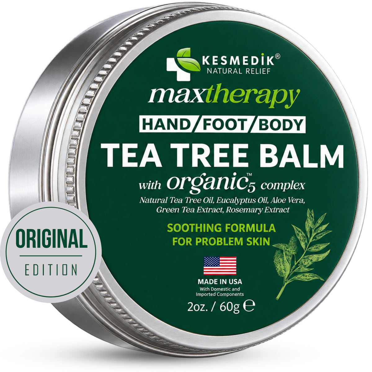 Kesmedik MaxTherapy tea tree balm in a 2 oz tin for hands, feet and body.