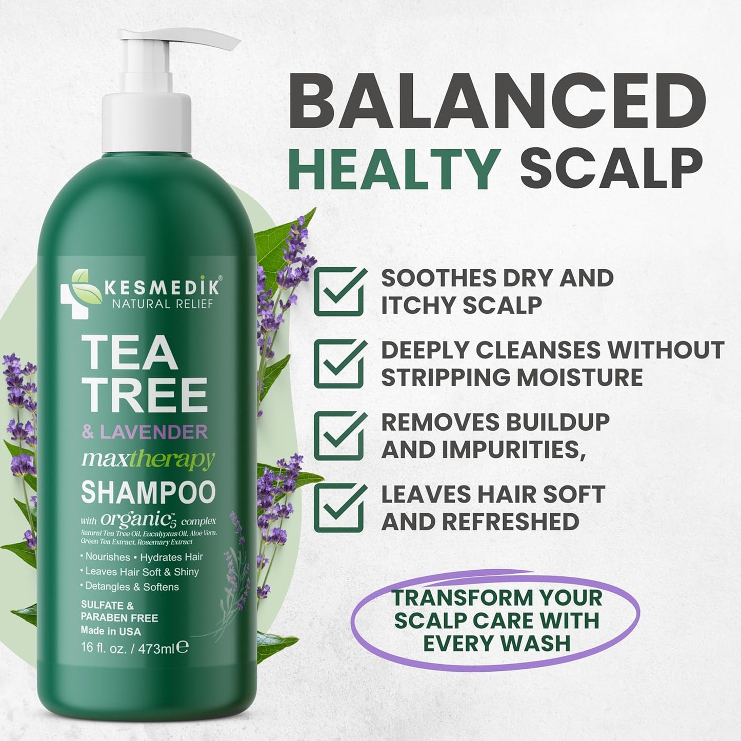 Tea Tree & Lavender Shampoo – Soothes Dry, Itchy Scalp, 16 fl oz