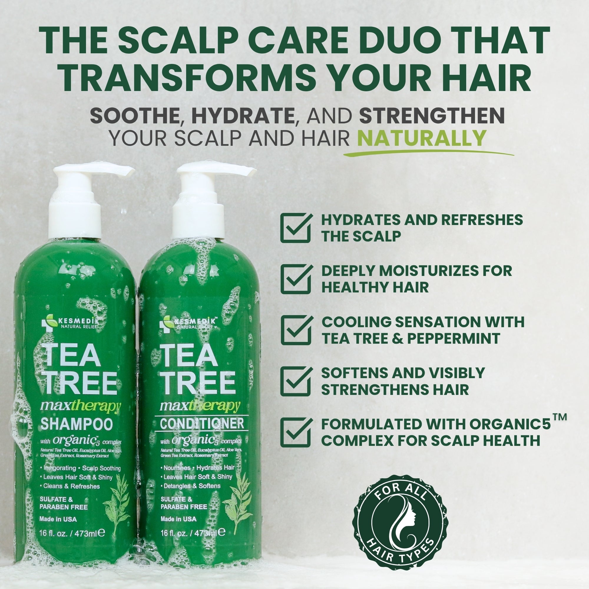 Tea Tree Shampoo & Conditioner Set for Scalp Relief, 16 oz