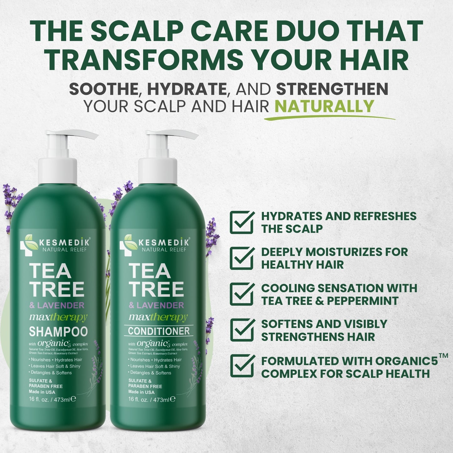 Tea Tree Lavender Shampoo & Conditioner Set – Scalp Soothing & Clarifying, 16 oz