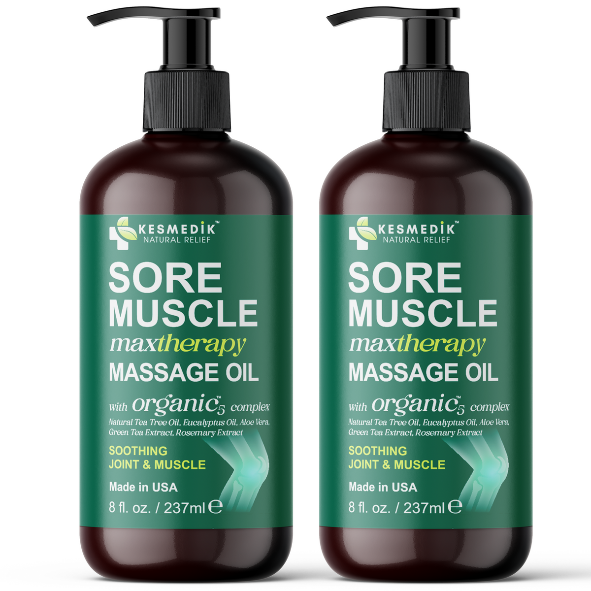 Two 8 fl oz pump bottles of Kesmedik Sore Muscle MaxTherapy massage oil
