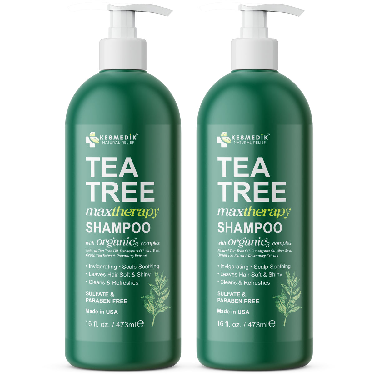 Two 16 fl oz bottles of Kesmedik MaxTherapy tea tree shampoo