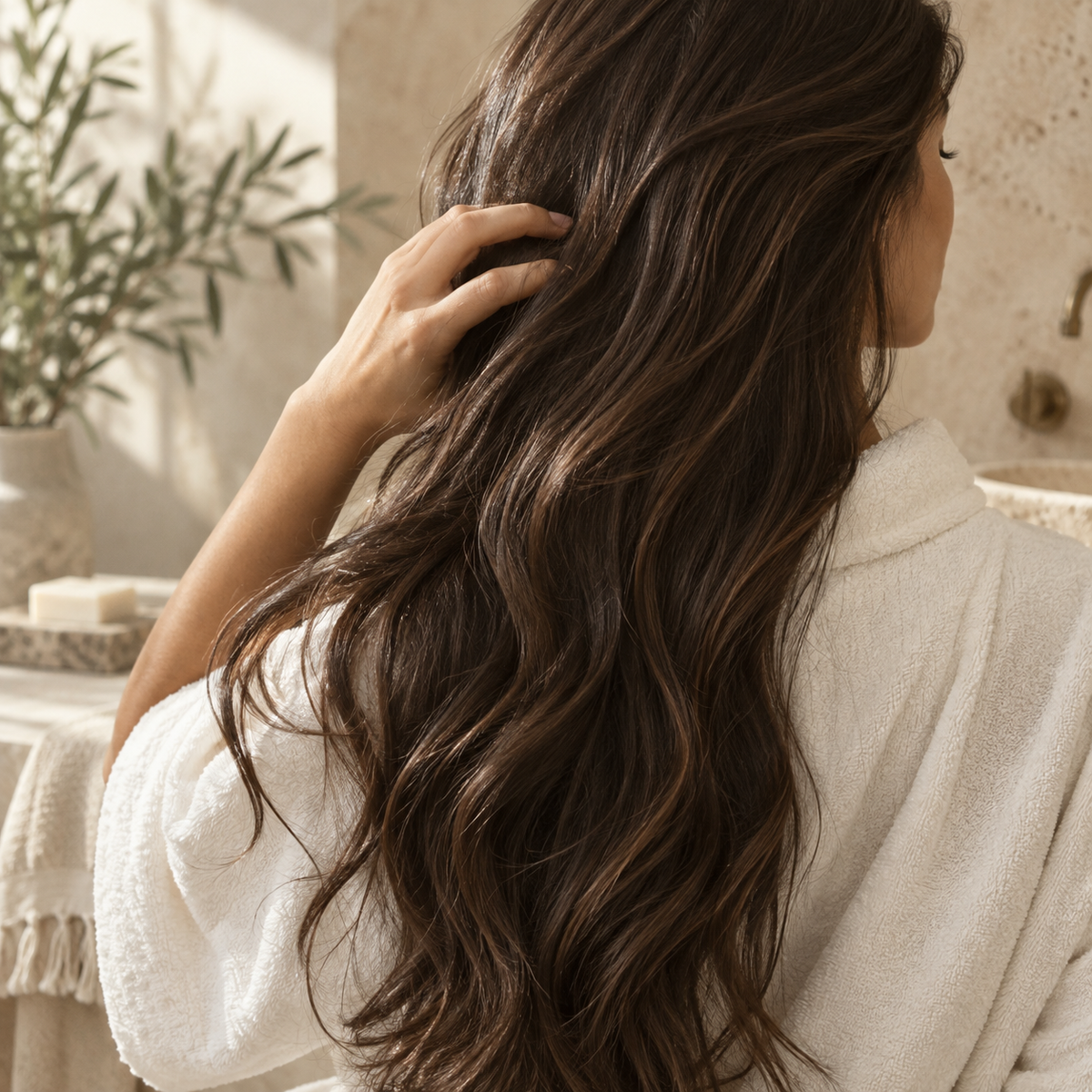 Brunette hair and an ivory robe in a softly lit botanical bathroom.